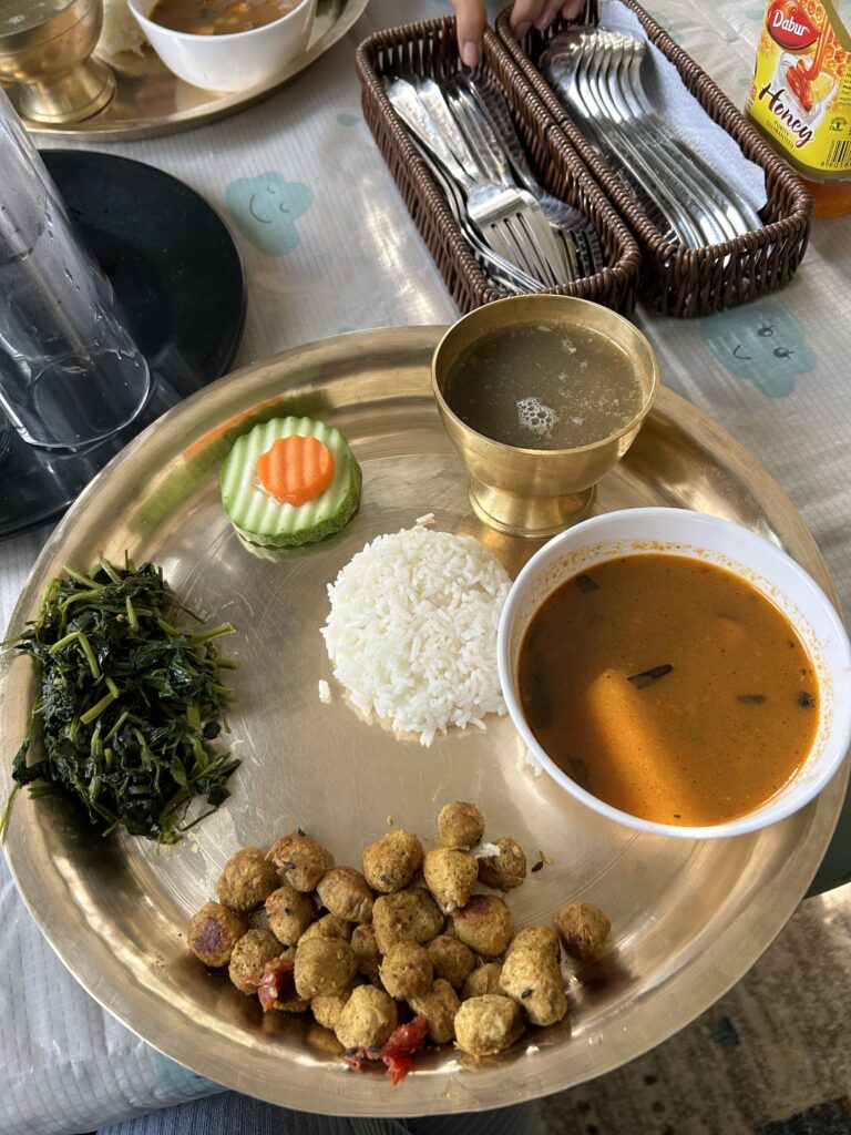 Nepalski posiłek - zupa z paneer, ryż, soja i warzywa