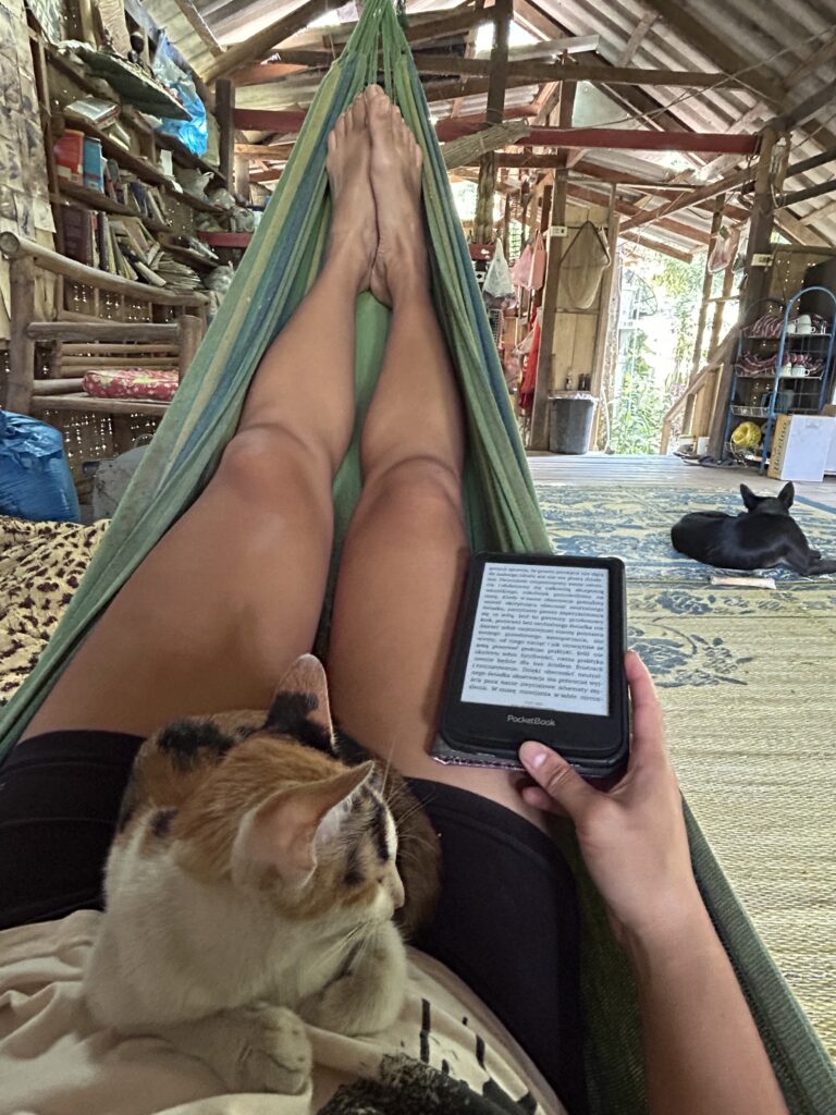 Odpoczynek na hamaku z leżącym na brzuchu kotem i czytnikiem ebooków w ręce